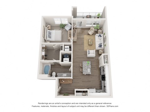 a stylized floor plan of a 1 bedroom apartment